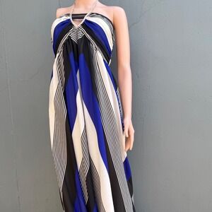 Sheike Geometric Striped Halter Maxi Dress Size 10 Blue Black White Summer Boho